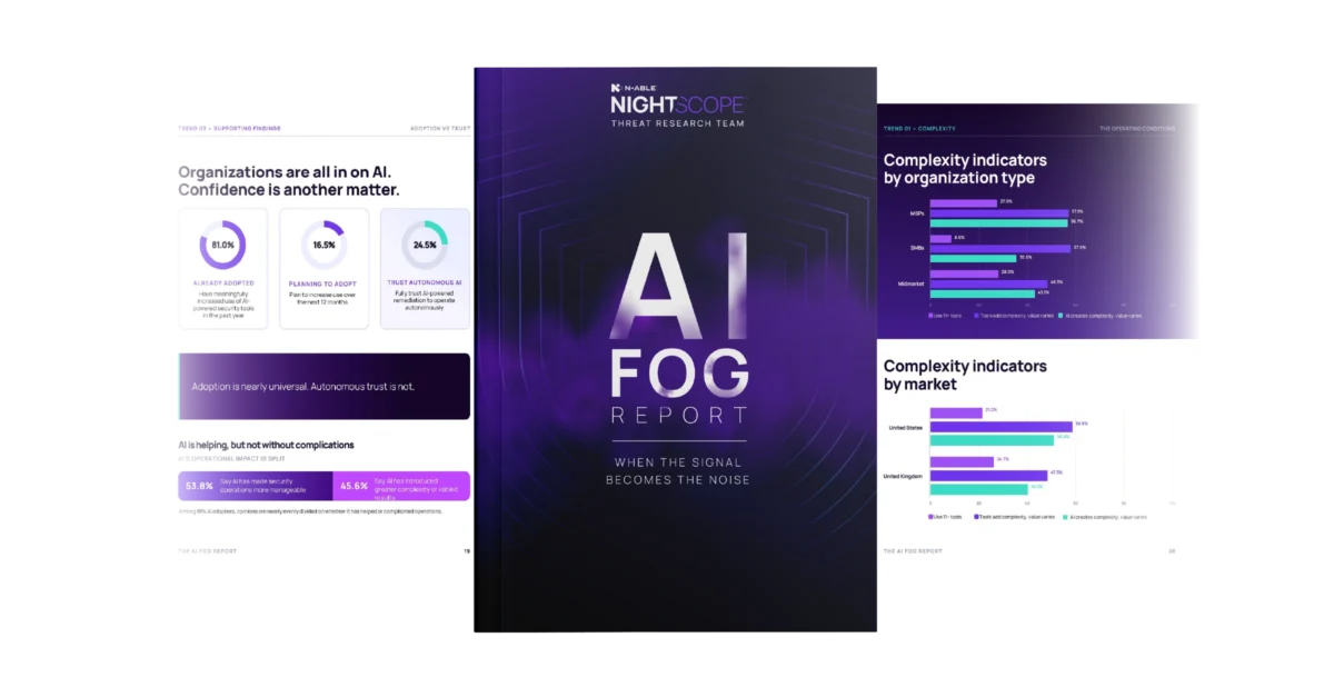 N-able AI Fog Report cover alongside data visualizations highlighting AI adoption, trust, and complexity trends across organizations.