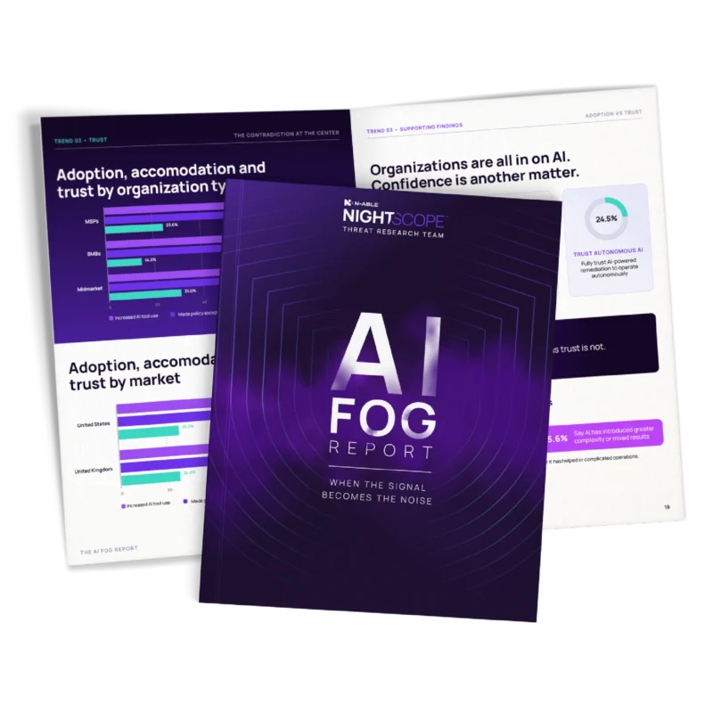 N-able AI Fog Report cover displayed with research findings pages showing AI adoption, trust, and confidence data.